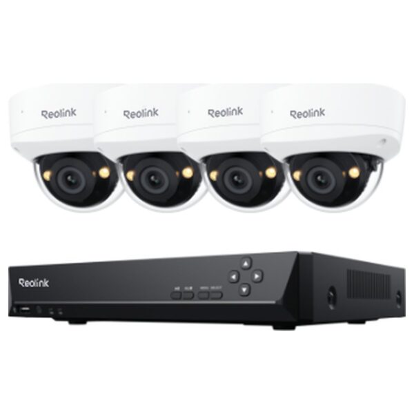 Reolink RLK8-500V4 stebėjimo komplektas: 8 kanalų įrašymo įrenginys + 4 kupolinės kameros, 5 MP