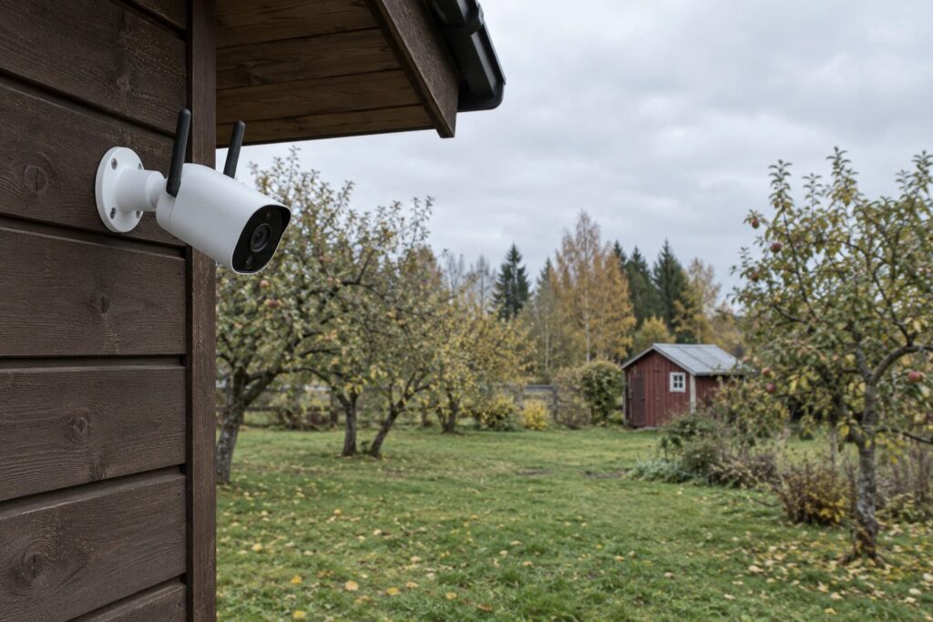 Balta WiFi stebėjimo kamera su antenomis ant sieninio laikiklio medinio namo kampe po karnizu, fone rudeninis obelų sodas ir raudonas sodo namelis